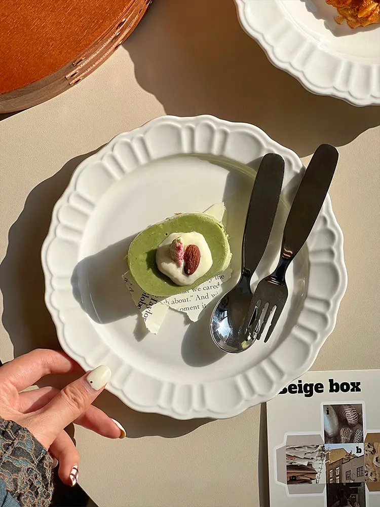 Korean White Simple Dessert Plate Household Flat Plate Ceramic Deep Dish Western Food Plate Kitchen Tableware