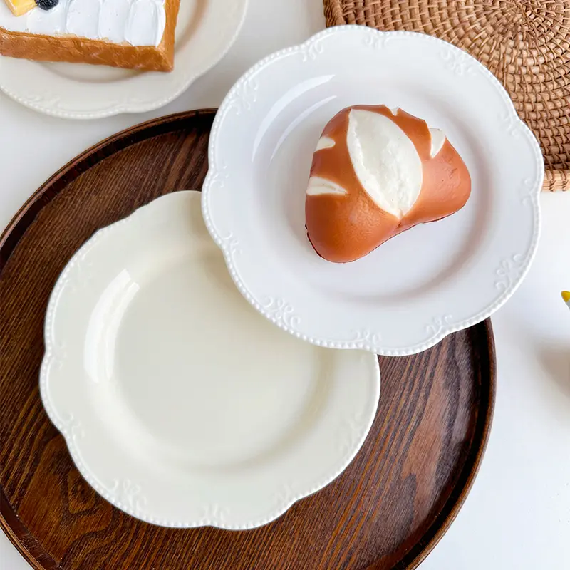 European Relief Ceramic Plates Simple Lunch Western Food Flat Plate Dessert Cake Plates For Home Use Kitchen Tableware