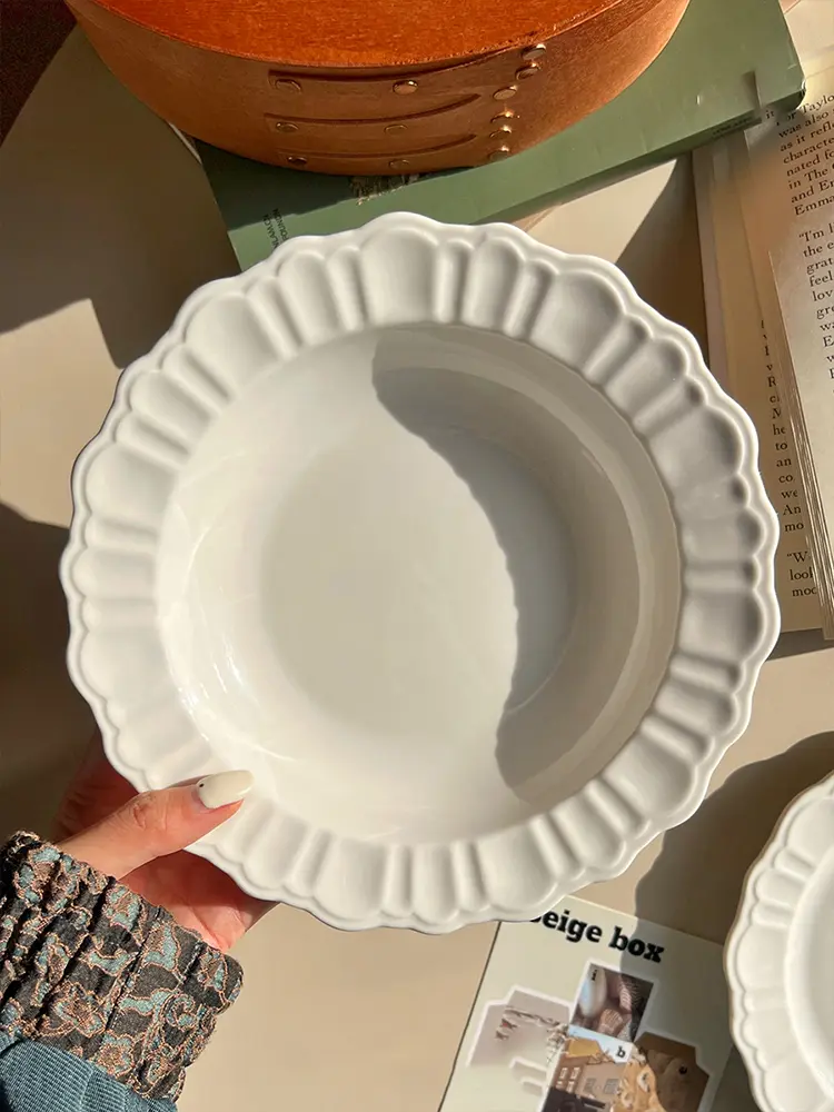 Korean White Simple Dessert Plate Household Flat Plate Ceramic Deep Dish Western Food Plate Kitchen Tableware