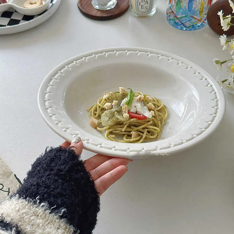 Solid Colour Relief Ceramic Straw Hat Plate Household Simple Salad Pasta Tray Exquisite Breakfast Deep Dish 25cm Tableware