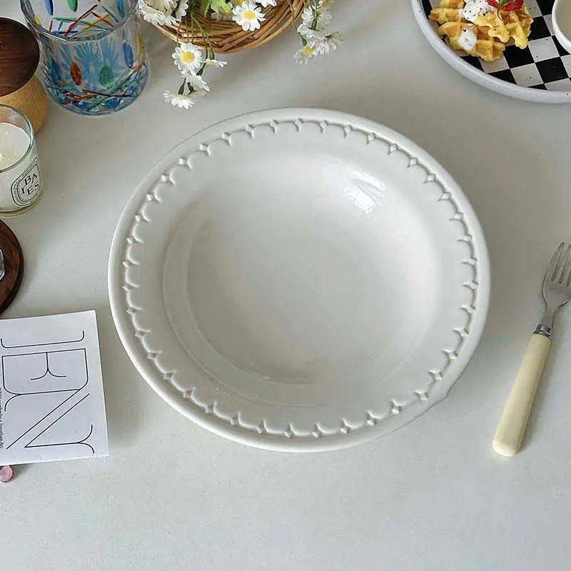 Solid Colour Relief Ceramic Straw Hat Plate Household Simple Salad Pasta Tray Exquisite Breakfast Deep Dish 25cm Tableware