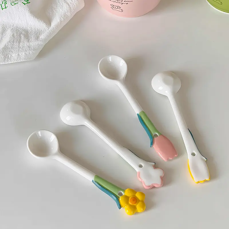 Ceramic Soup Spoon Cute Flowers Long Handle Coffee Spoon Korean Dessert Spoon Household Tableware Kitchen Accessories