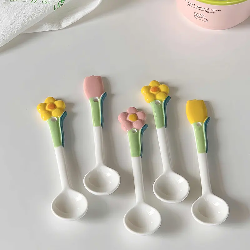 Ceramic Soup Spoon Cute Flowers Long Handle Coffee Spoon Korean Dessert Spoon Household Tableware Kitchen Accessories