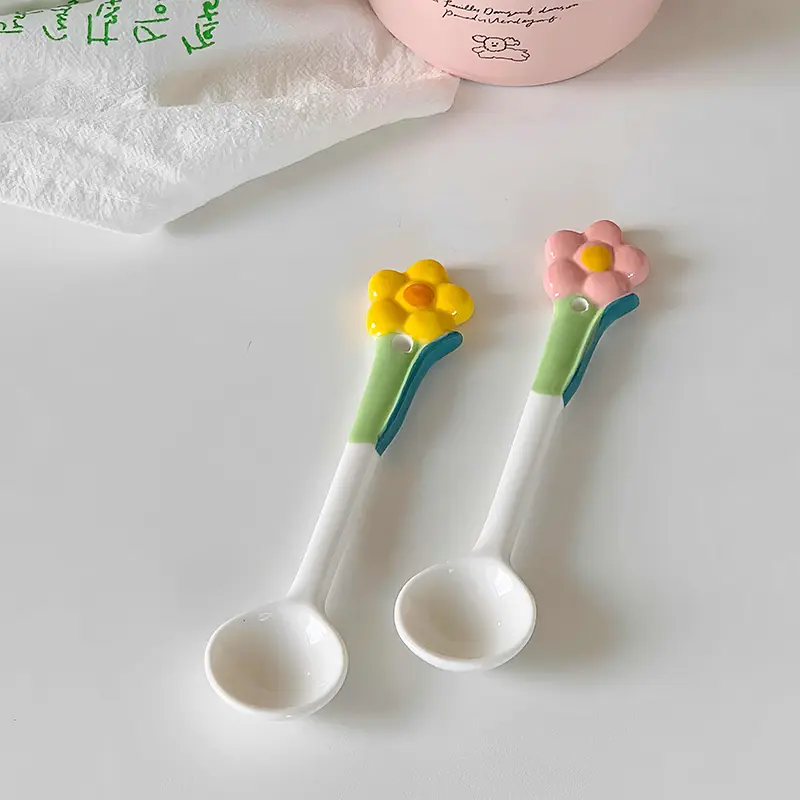 Ceramic Soup Spoon Cute Flowers Long Handle Coffee Spoon Korean Dessert Spoon Household Tableware Kitchen Accessories