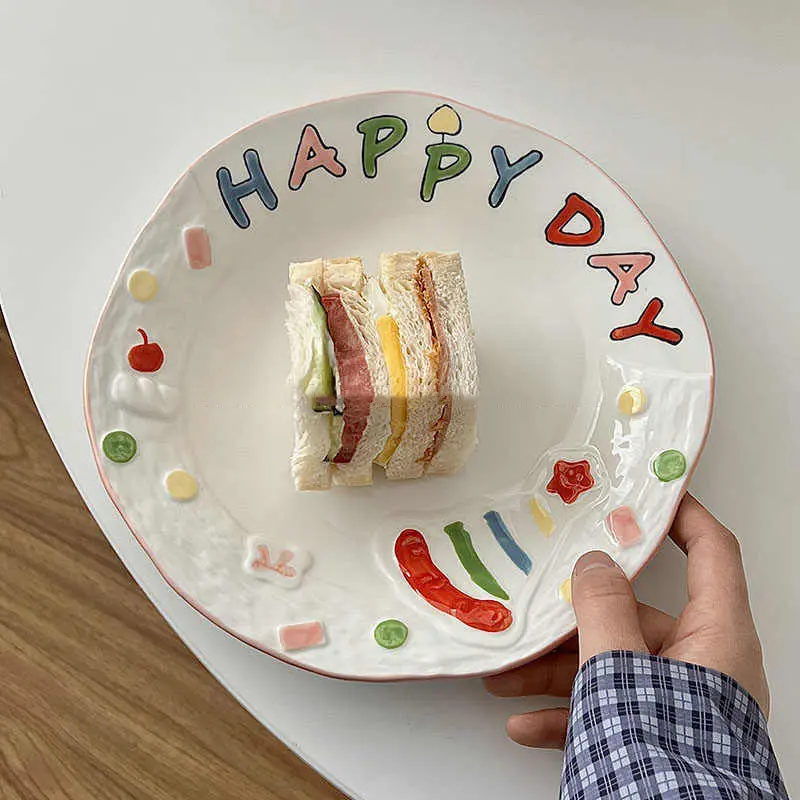 21cm Korean Ceramic Plate Household Cute Hand-painted Letter Printed Dessert Dish Salad Fruit Disc Afternoon Tea Snack Plates