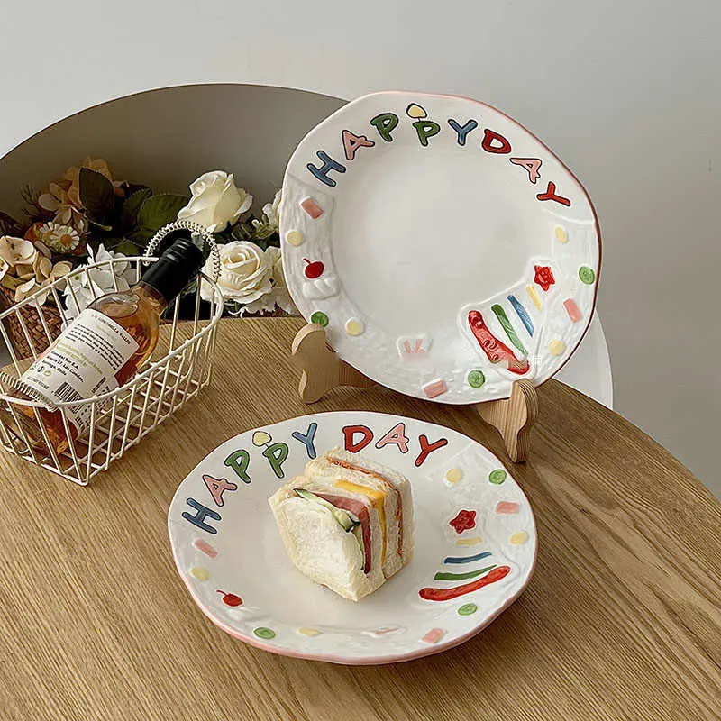 21cm Korean Ceramic Plate Household Cute Hand-painted Letter Printed Dessert Dish Salad Fruit Disc Afternoon Tea Snack Plates