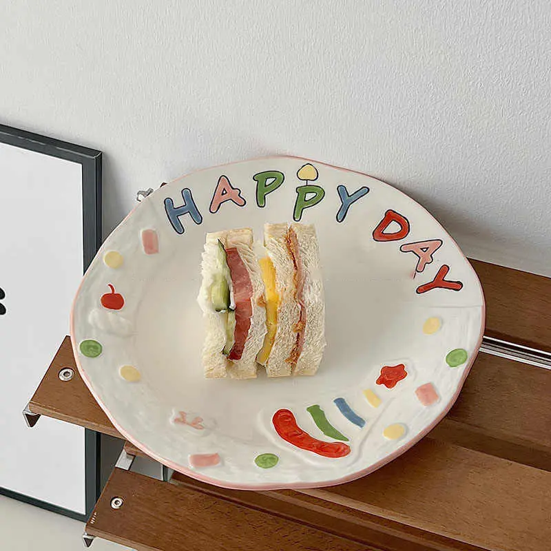21cm Korean Ceramic Plate Household Cute Hand-painted Letter Printed Dessert Dish Salad Fruit Disc Afternoon Tea Snack Plates