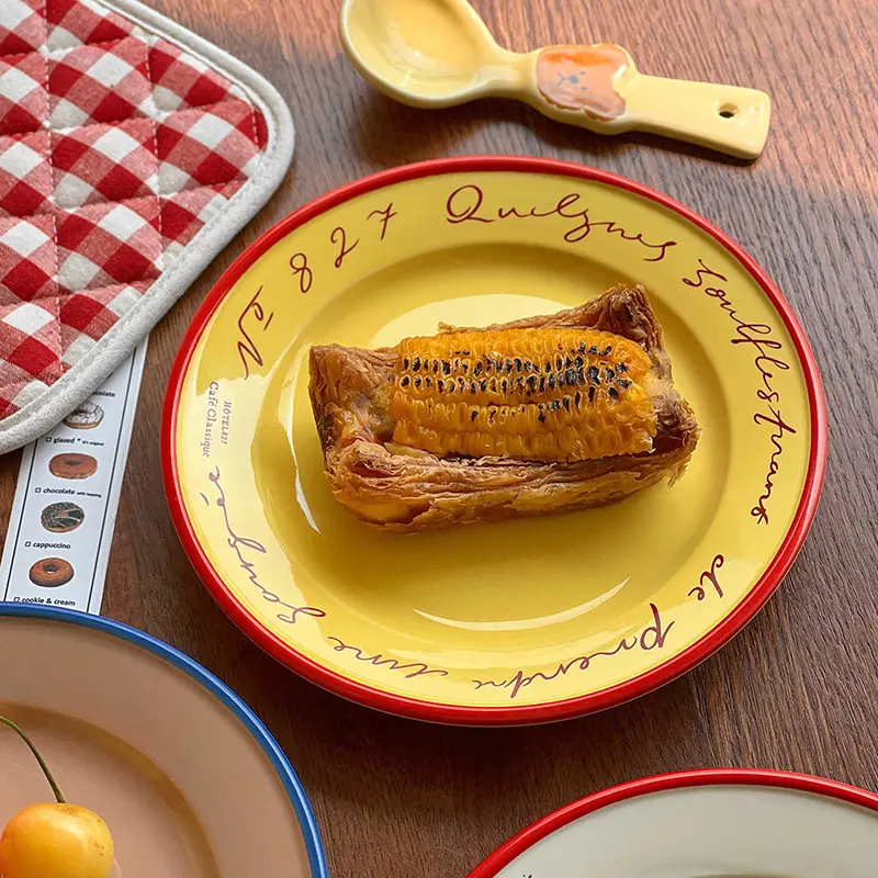 Korean Letter Printing Ceramic Plate Coffee Shop Dessert Cake Breakfast Plates Household Lunch Western Food Disc