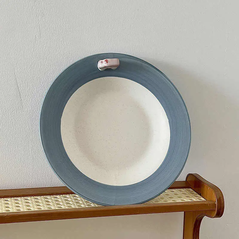 Korean Ceramic Plate Household Cute Dinner Plates Salad Fruit Deep Tray Clashing Dessert Pastry Dish 21.5cm Tableware