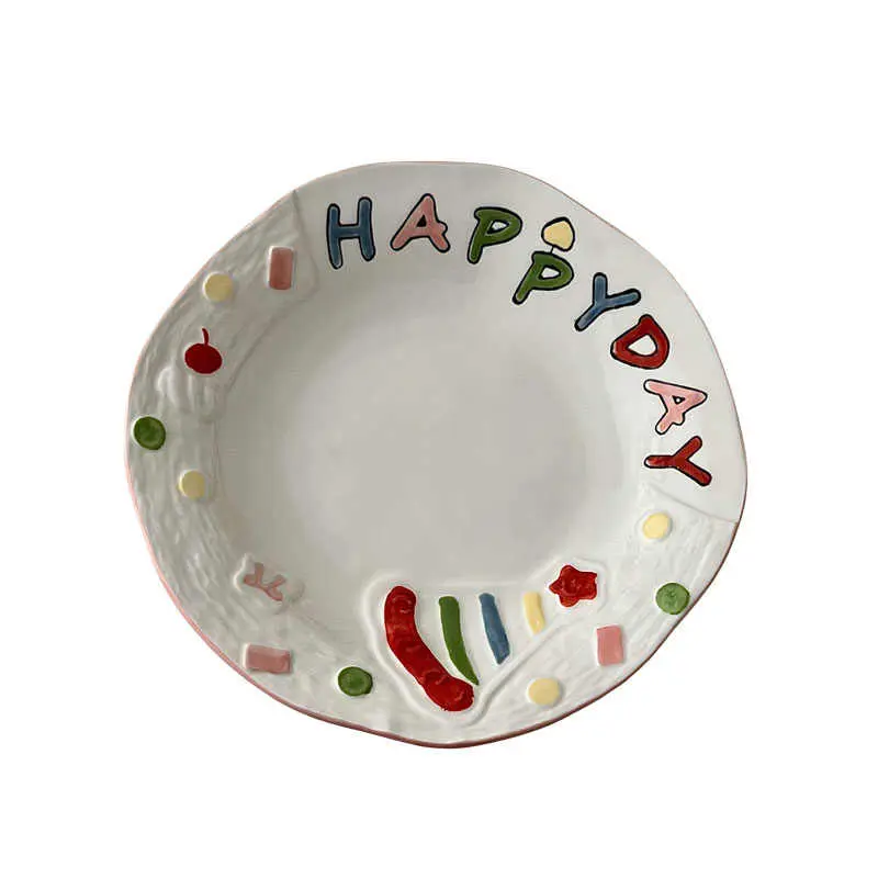 21cm Korean Ceramic Plate Household Cute Hand-painted Letter Printed Dessert Dish Salad Fruit Disc Afternoon Tea Snack Plates