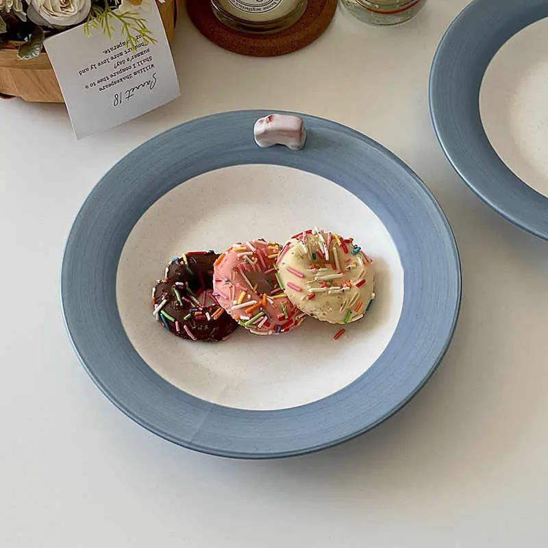 Korean Ceramic Plate Household Cute Dinner Plates Salad Fruit Deep Tray Clashing Dessert Pastry Dish 21.5cm Tableware