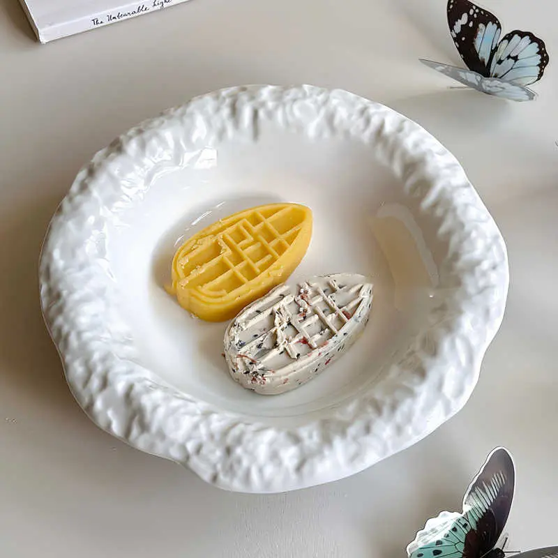 Creative Stone Pattern Ceramic Plate White Household Deep Plates Exquisite Western Spaghetti Dish Dessert Disc 20cm Tableware
