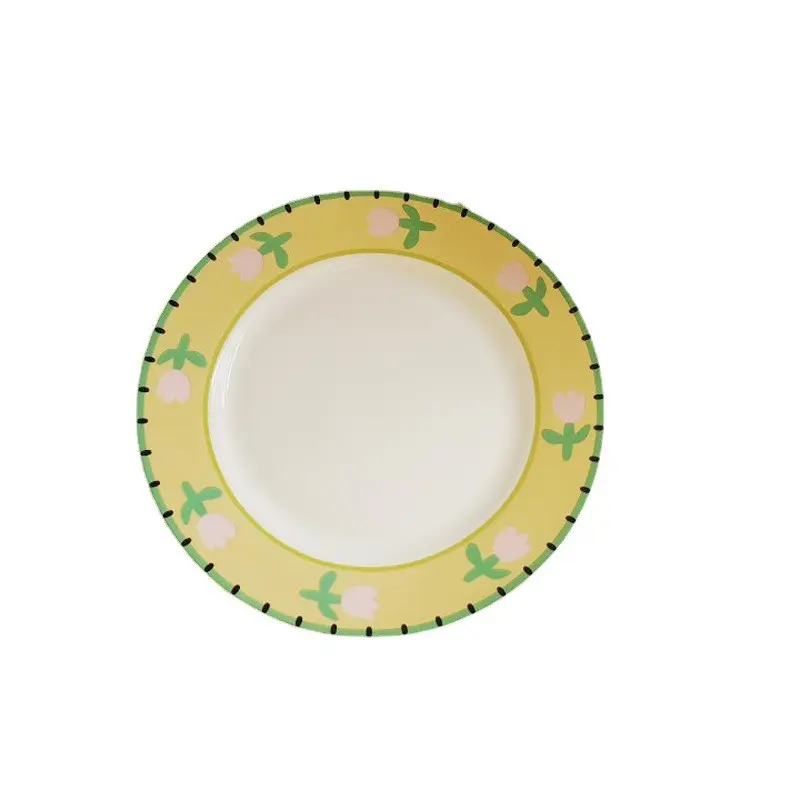 Hand-painted Round Ceramic Plate Cute Flower Pattern Home Western Breakfast Plate Under Glazed Flat Pastry Dish
