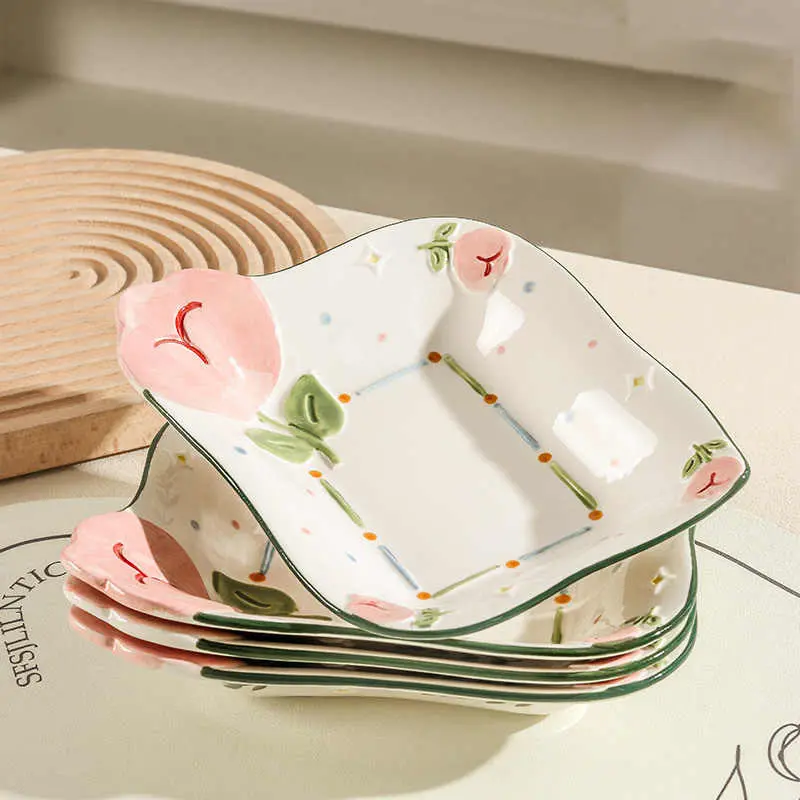 Underglaze Color Ceramic Square Plate Delicate Relief Deep Plates Printed Dessert Disc Household Dish Kitchen Tableware