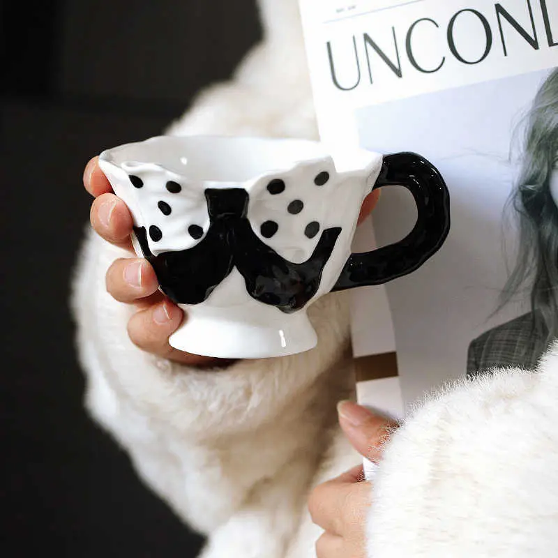 Polka Dot Bow Ceramic Mug Exquisite Latte Coffee Cup 250ml Afternoon Tea Drinkware Girls Gift