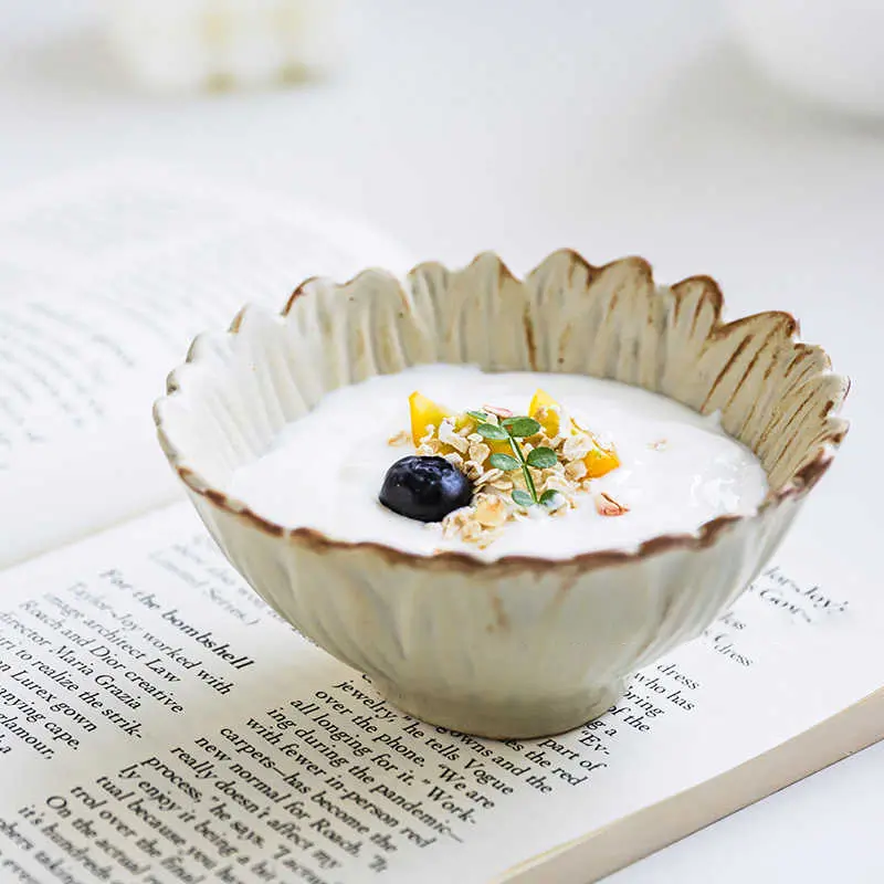 Vintage Rough Ceramic Rice Bowl Dessert Bowls Breakfast Yogurt Oatmeal Bowl Ceramic Tableware