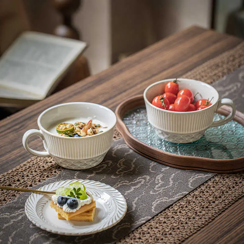 450ml Large Capacity Oatmeal Mug Ceramic Yoghurt Cup Relief Household Breakfast Cups Drinkware