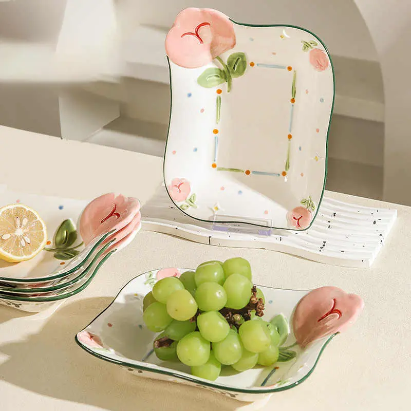 Underglaze Color Ceramic Square Plate Delicate Relief Deep Plates Printed Dessert Disc Household Dish Kitchen Tableware