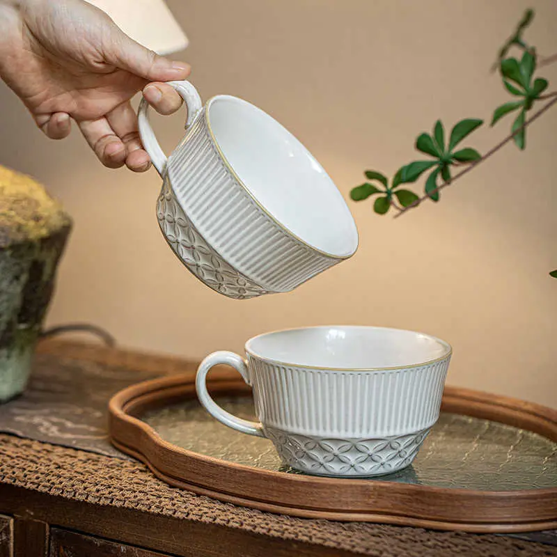 450ml Large Capacity Oatmeal Mug Ceramic Yoghurt Cup Relief Household Breakfast Cups Drinkware