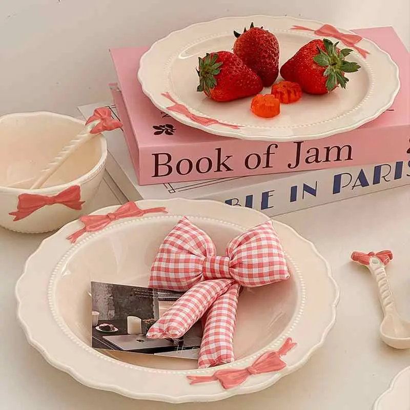 Romantic Bow Decorative Tableware Delicate Bead Dots Dessert Bowl Western Steak Plate Soup Plates Spoon Kitchen Supplies