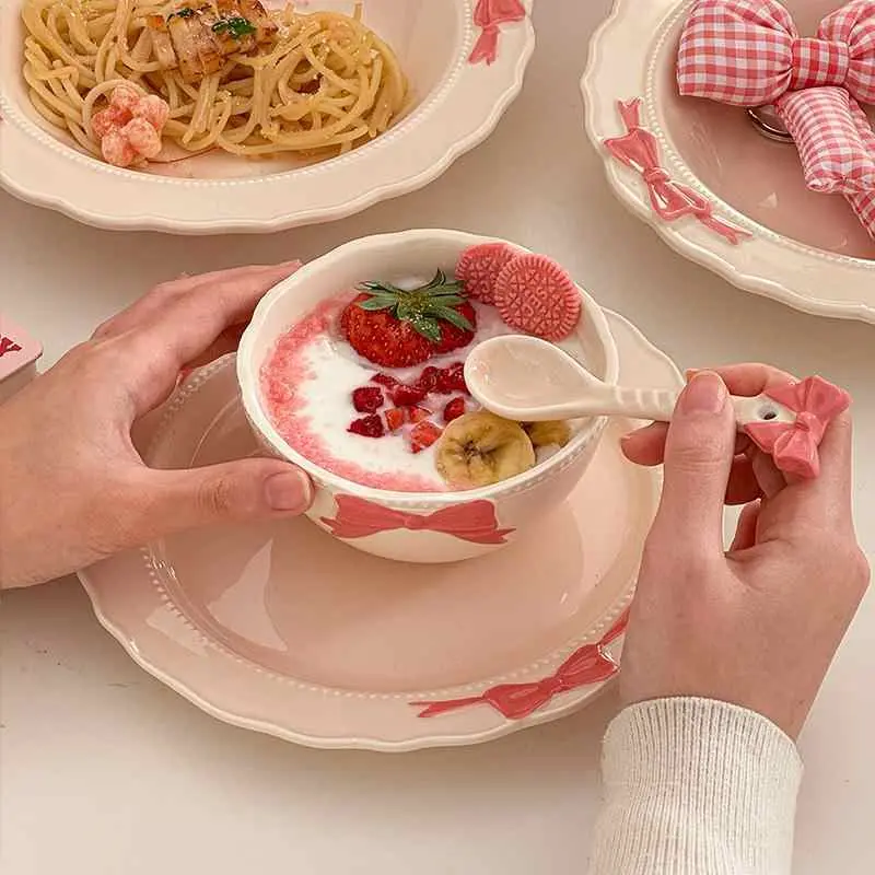 Romantic Bow Decorative Tableware Delicate Bead Dots Dessert Bowl Western Steak Plate Soup Plates Spoon Kitchen Supplies