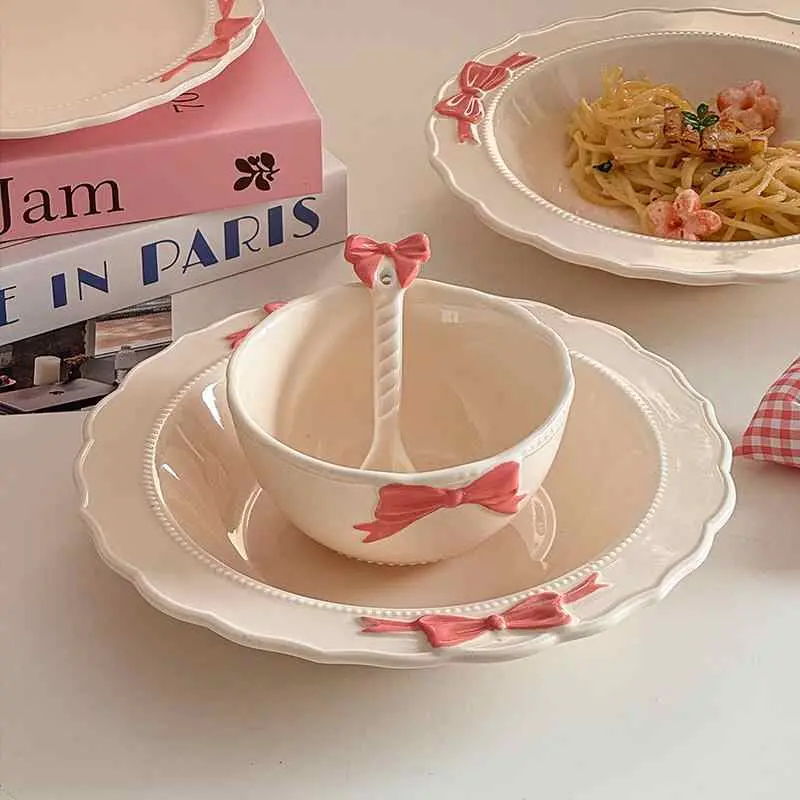 Romantic Bow Decorative Tableware Delicate Bead Dots Dessert Bowl Western Steak Plate Soup Plates Spoon Kitchen Supplies