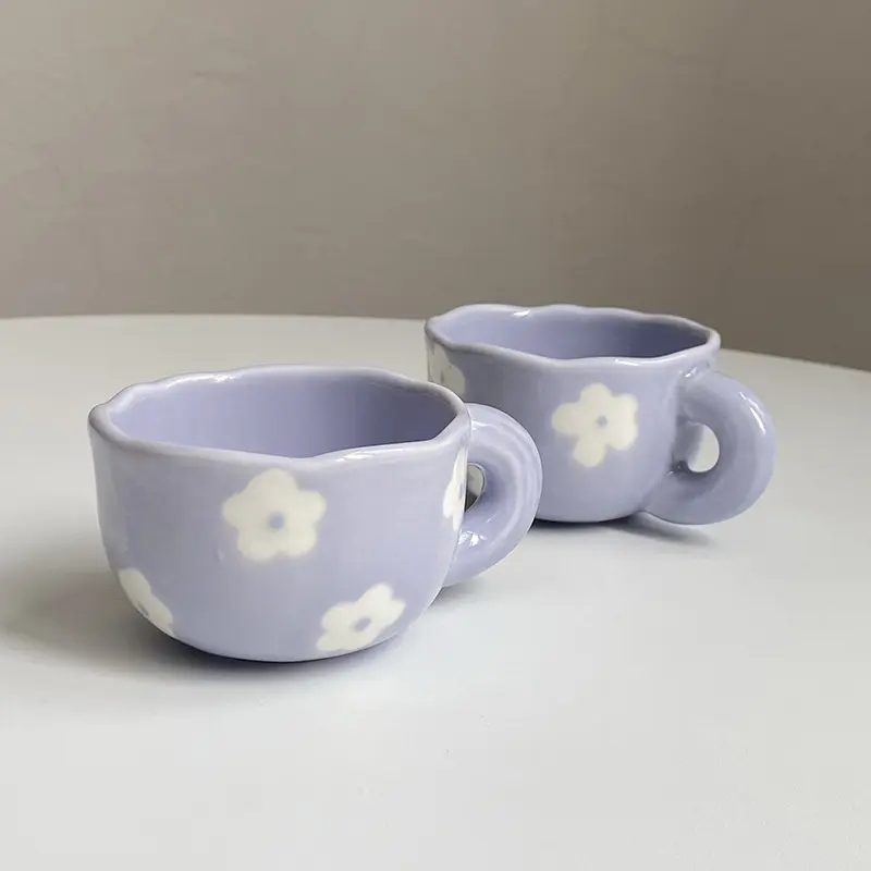 Handmade Creative Ceramic Cups Flower Print Home Breakfast Milk Juice Cup Underglaze Purple Office Coffee Mug