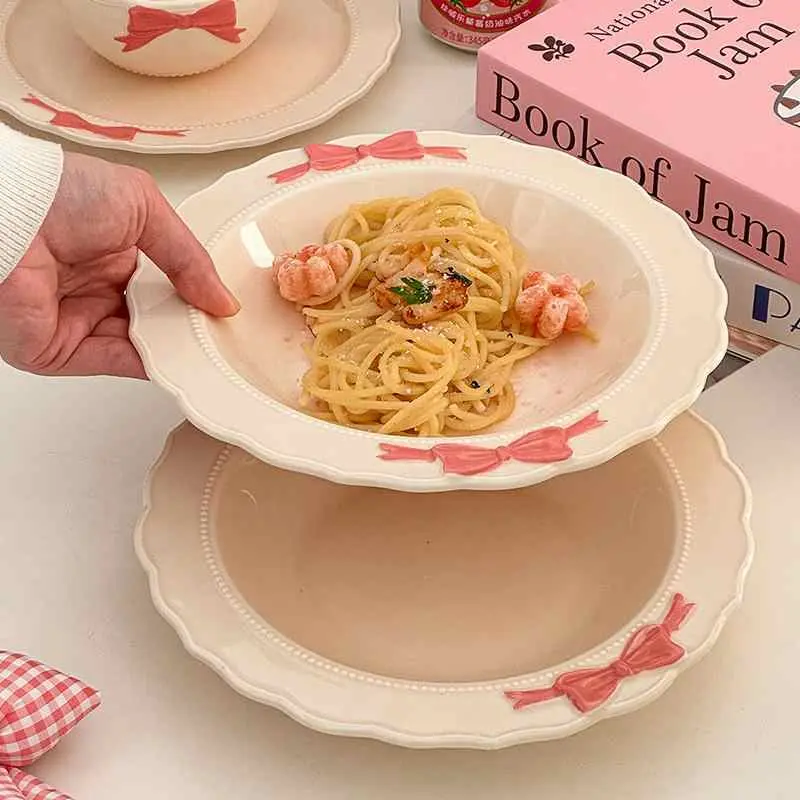 Romantic Bow Decorative Tableware Delicate Bead Dots Dessert Bowl Western Steak Plate Soup Plates Spoon Kitchen Supplies