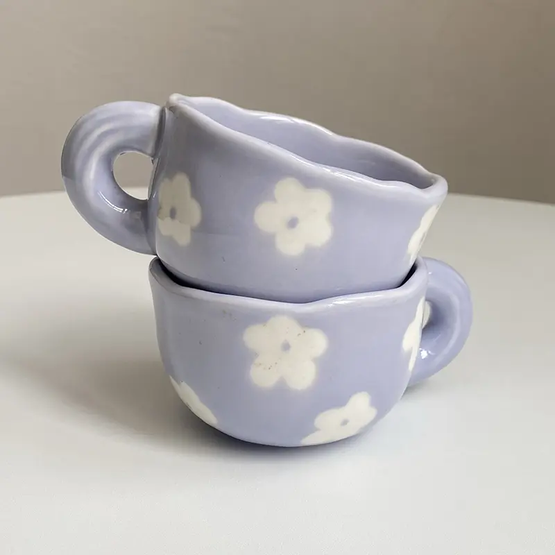 Handmade Creative Ceramic Cups Flower Print Home Breakfast Milk Juice Cup Underglaze Purple Office Coffee Mug