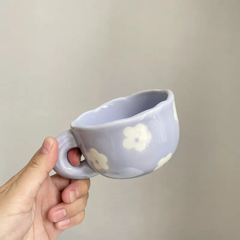 Handmade Creative Ceramic Cups Flower Print Home Breakfast Milk Juice Cup Underglaze Purple Office Coffee Mug