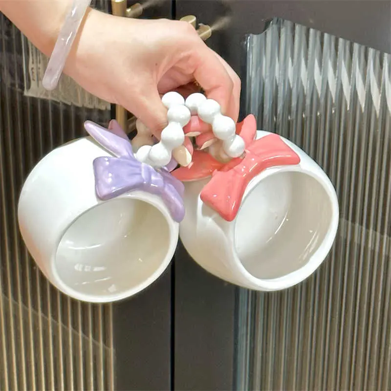 Cute Bow Ceramic Mug Creative Coffee Cup Girls Office Water Cups 250ml Home Breakfast Milk Oatmeal Mugs