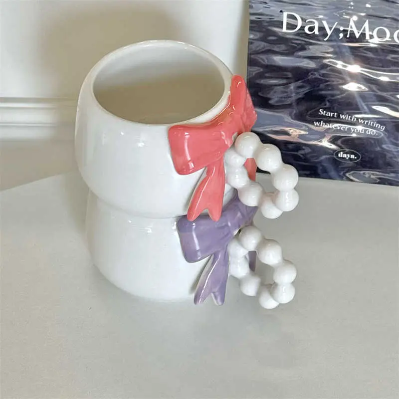 Cute Bow Ceramic Mug Creative Coffee Cup Girls Office Water Cups 250ml Home Breakfast Milk Oatmeal Mugs