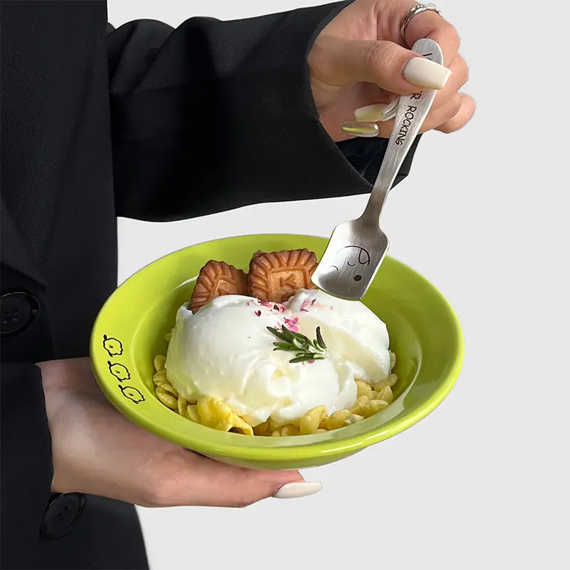 French-style Letters Printed Ceramic Disc Afternoon Tea Dessert Deep Dish Breakfast Yogurt Salad Round Plates Kitchen Tableware