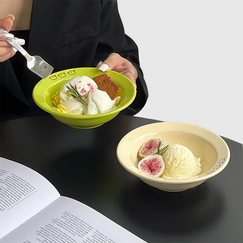 French-style Letters Printed Ceramic Disc Afternoon Tea Dessert Deep Dish Breakfast Yogurt Salad Round Plates Kitchen Tableware