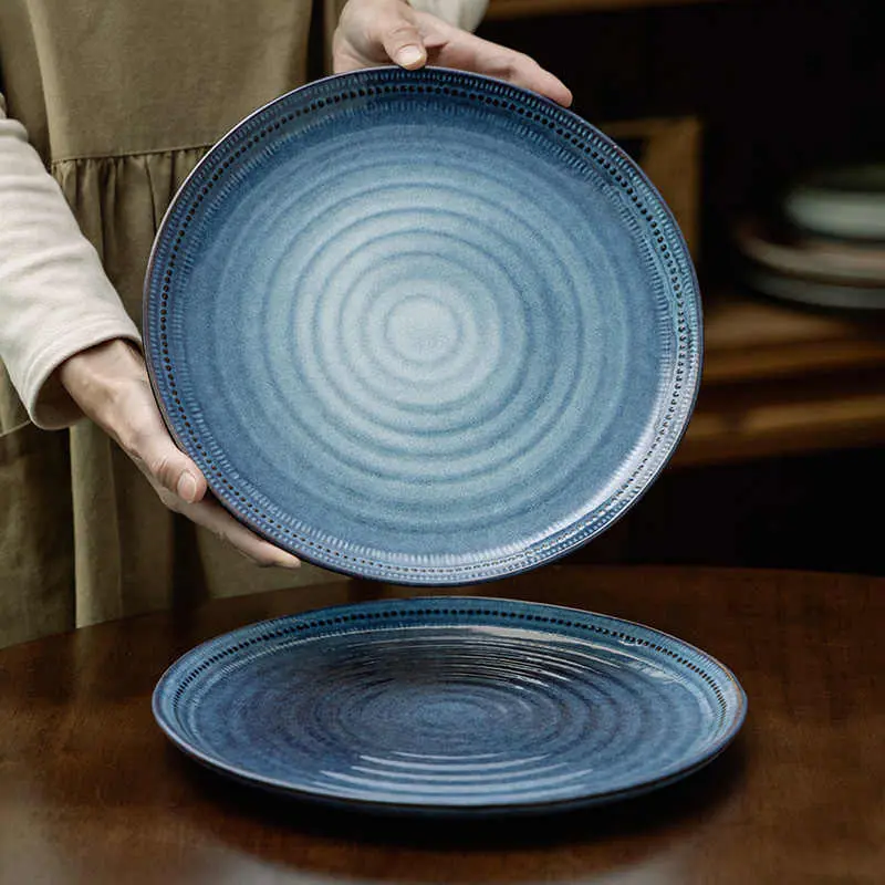 Ceramic Plate Kiln Change Glaze Western Food Spaghetti Plates Household Breakfast Dish Vintage Steak Disc 28cm Tableware