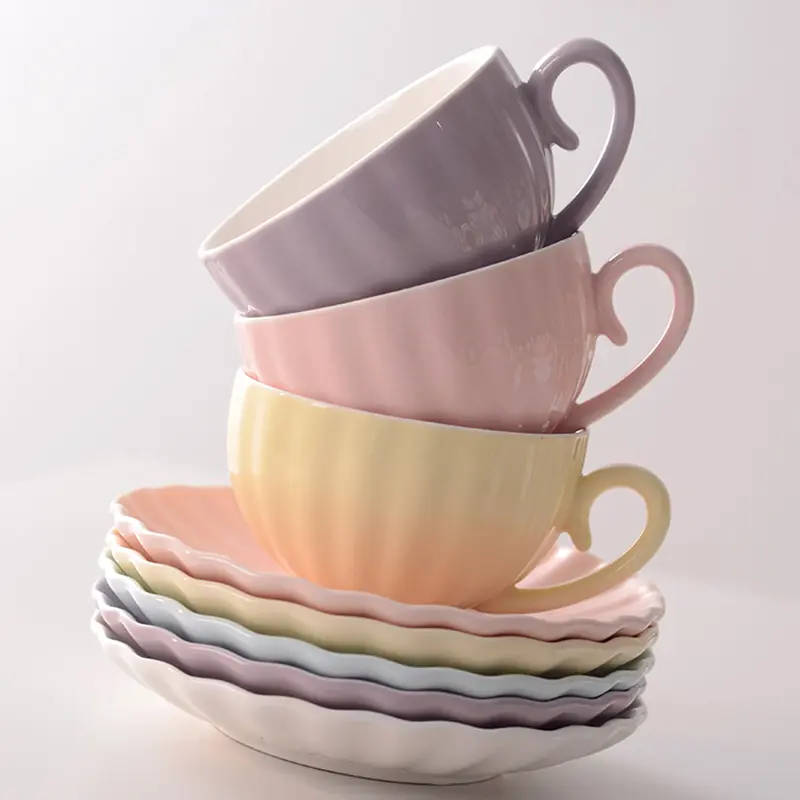 Ceramic Coffee Cups And Saucers Set Exquisite Afternoon Tea Drinkware Household Solid Colour Latte Cups Snack Plate