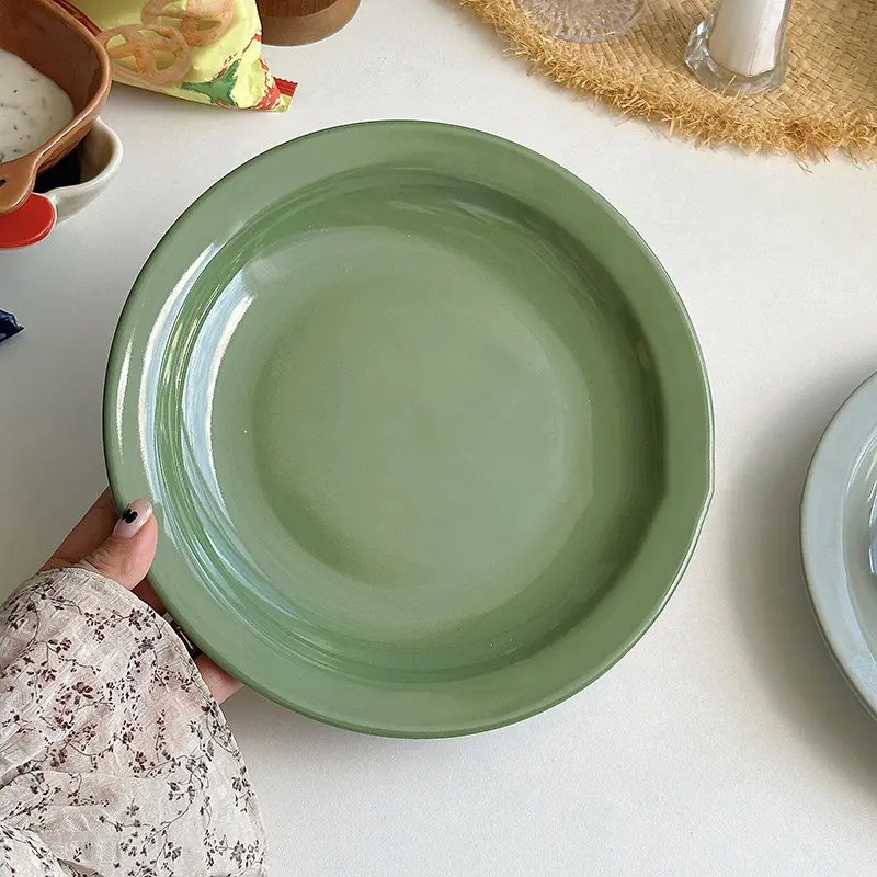 Vintage Ceramic Breakfast Tray Solid Colour Simple Western Spaghetti Plate Dessert Cake Plate 21cm Dish Household Tableware