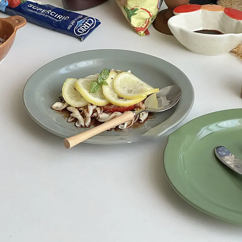 Vintage Ceramic Breakfast Tray Solid Colour Simple Western Spaghetti Plate Dessert Cake Plate 21cm Dish Household Tableware