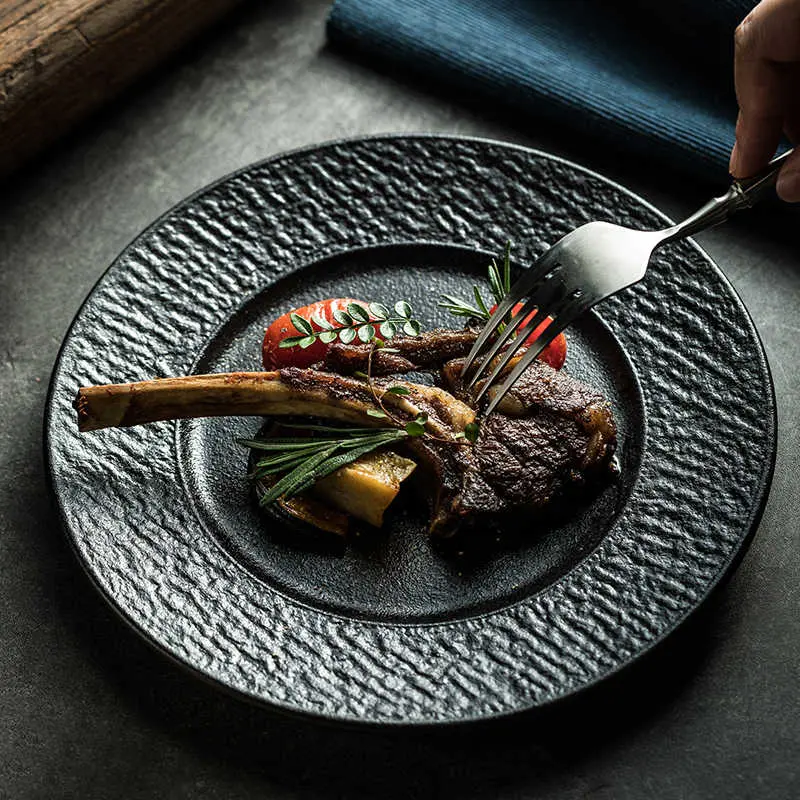 Solid Colour Western Steak Plate Home Use Black Round Dinner Plates Restaurant Spaghetti Tray 22cm Tableware