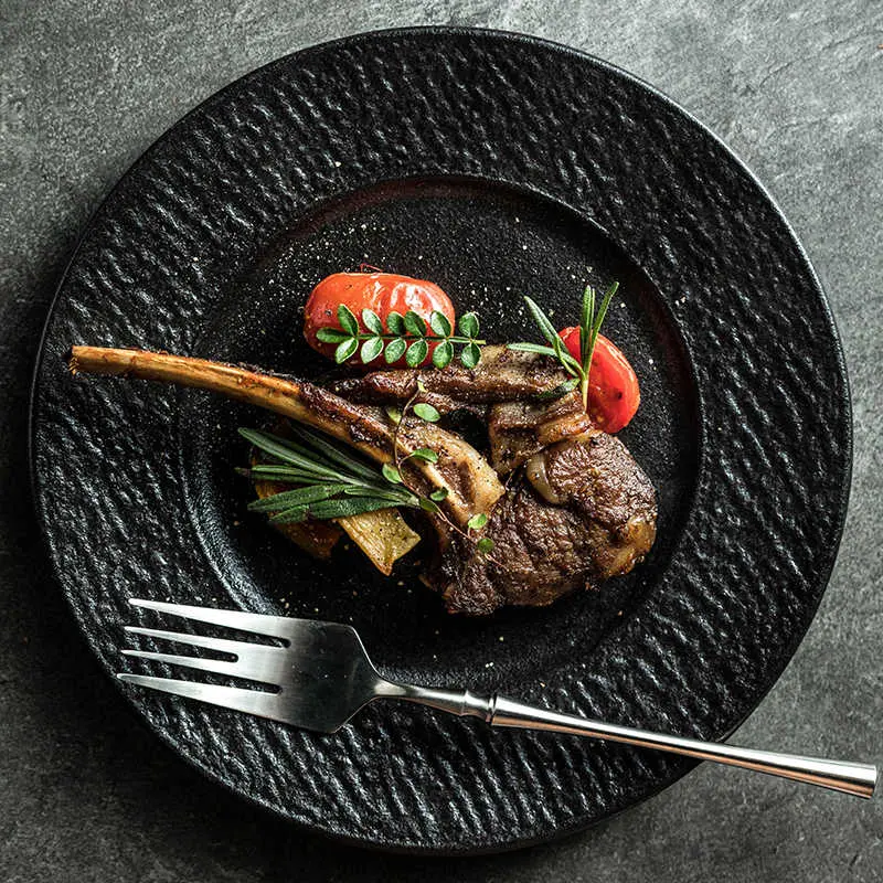 Solid Colour Western Steak Plate Home Use Black Round Dinner Plates Restaurant Spaghetti Tray 22cm Tableware