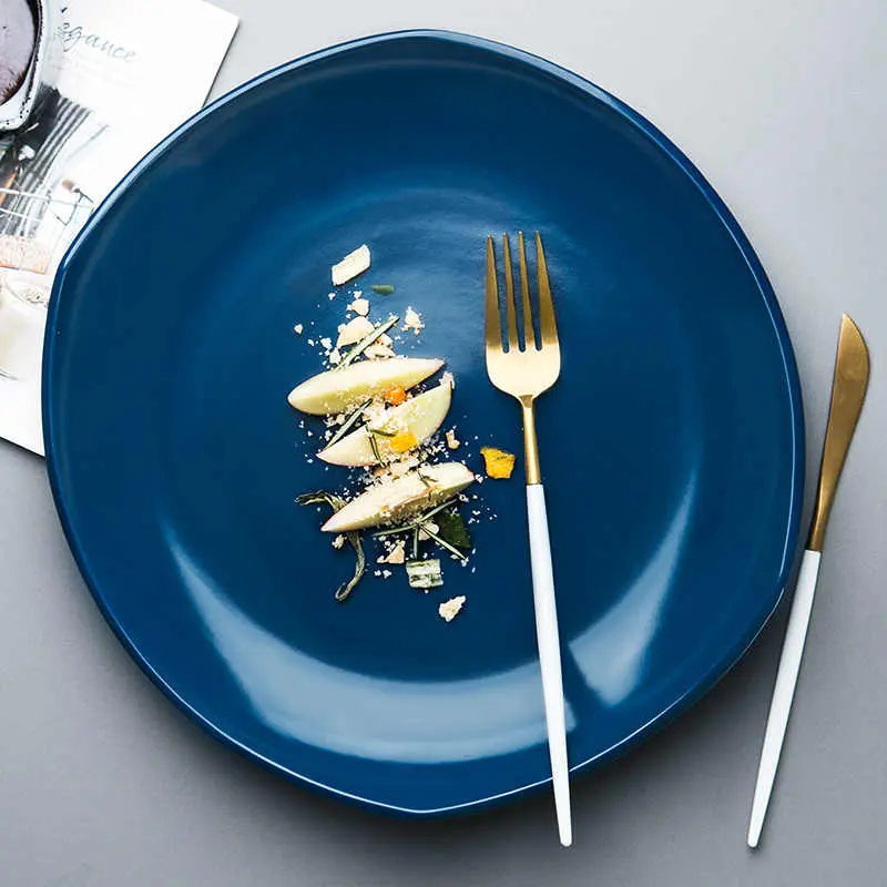 Blue Irregular Ceramic Steak Plate Simple Solid Colour Western Food Spaghetti Plates Household Fruit Dessert Dish