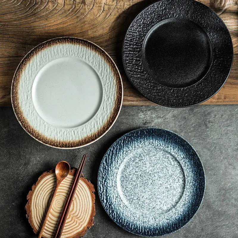 Solid Colour Western Steak Plate Home Use Black Round Dinner Plates Restaurant Spaghetti Tray 22cm Tableware