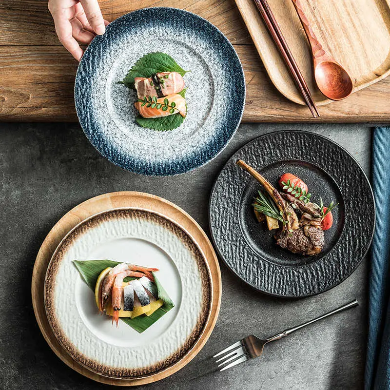 Solid Colour Western Steak Plate Home Use Black Round Dinner Plates Restaurant Spaghetti Tray 22cm Tableware