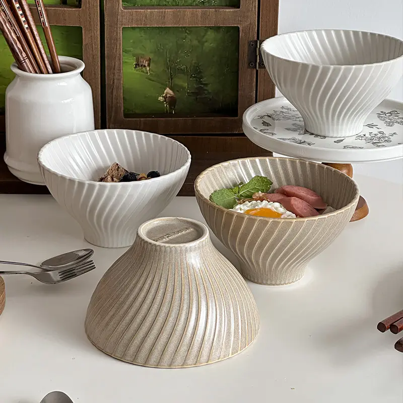 Vintage Japanese Ceramic Noodle Bowl Light Luxury Fruit Salad Bowl Soup Bowl Simple Solid Color Kitchen Tableware