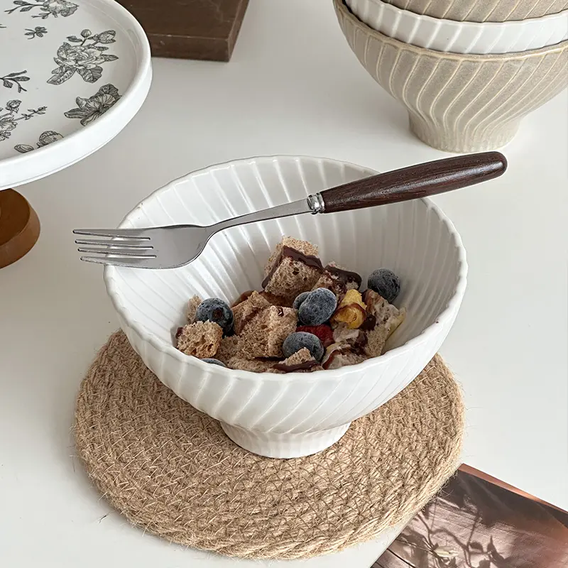 Vintage Japanese Ceramic Noodle Bowl Light Luxury Fruit Salad Bowl Soup Bowl Simple Solid Color Kitchen Tableware