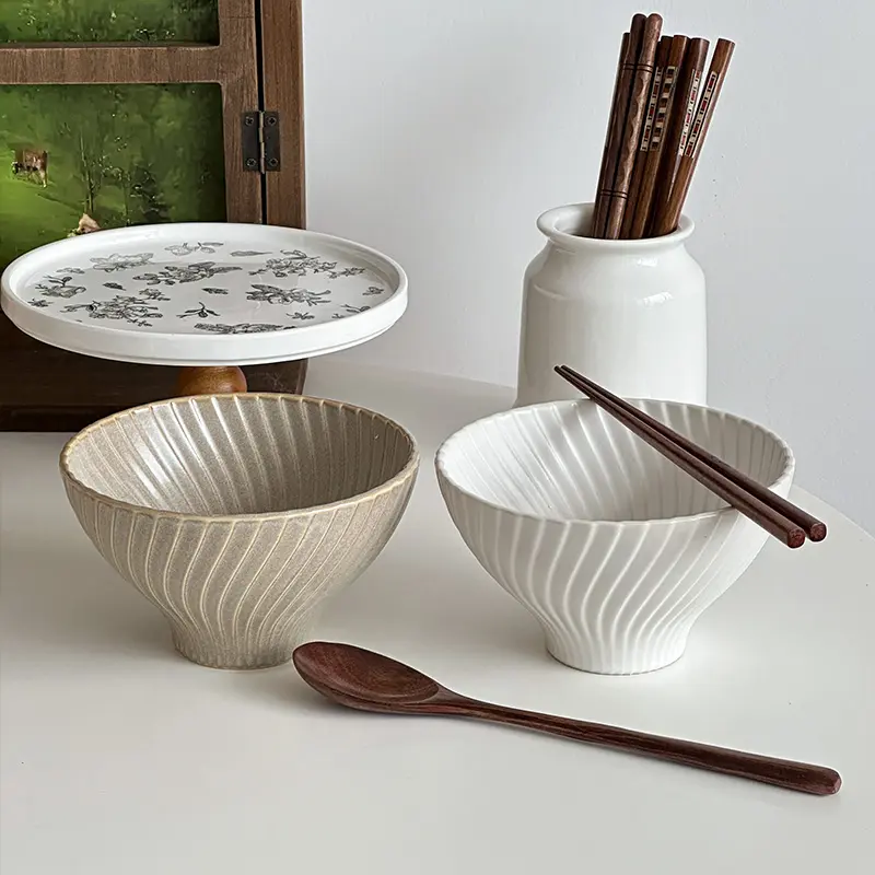 Vintage Japanese Ceramic Noodle Bowl Light Luxury Fruit Salad Bowl Soup Bowl Simple Solid Color Kitchen Tableware