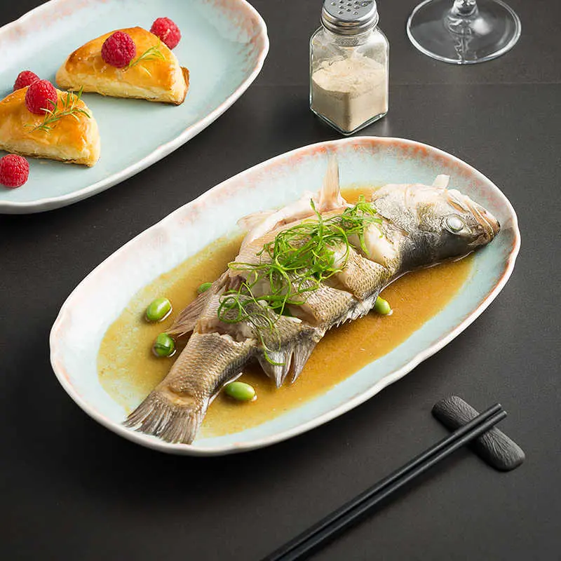 Fish Plate Retro Oval Plates Underglaze Ceramic Dinner Dishes Household Breakfast Snack Pastry Tray Tableware