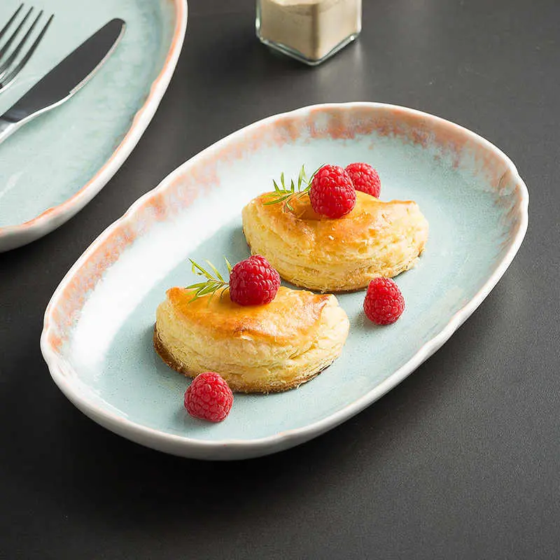 Fish Plate Retro Oval Plates Underglaze Ceramic Dinner Dishes Household Breakfast Snack Pastry Tray Tableware