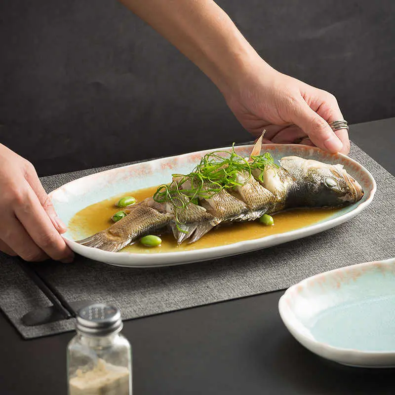 Fish Plate Retro Oval Plates Underglaze Ceramic Dinner Dishes Household Breakfast Snack Pastry Tray Tableware
