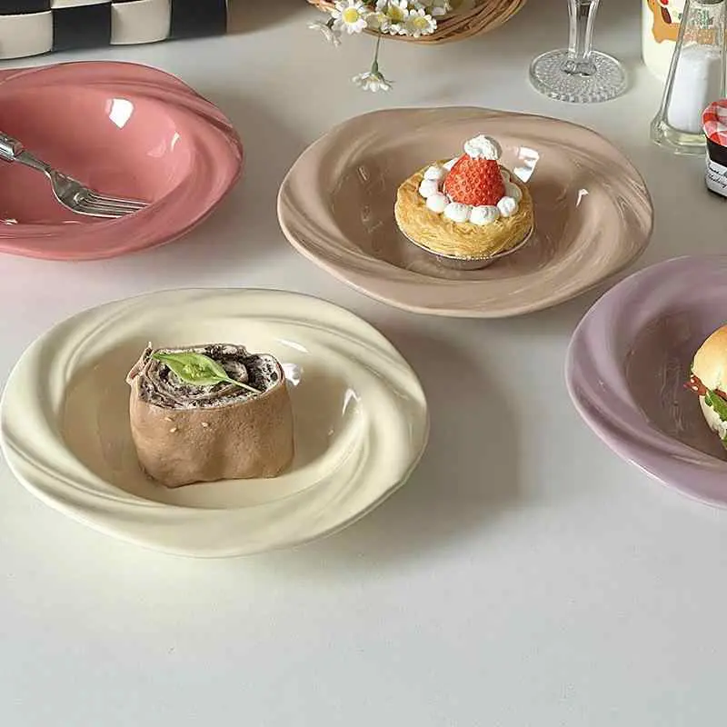 20cm Home Ceramic Vegetable Plate Breakfast Tray Solid Color Pasta Dish Simple Cake Straw Hat Plates